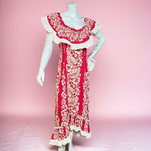 VINTAGE 80s Royal Hawaiian Tiki Maxi Dress Size 8 Sweetheart Ruffle Neck Floral